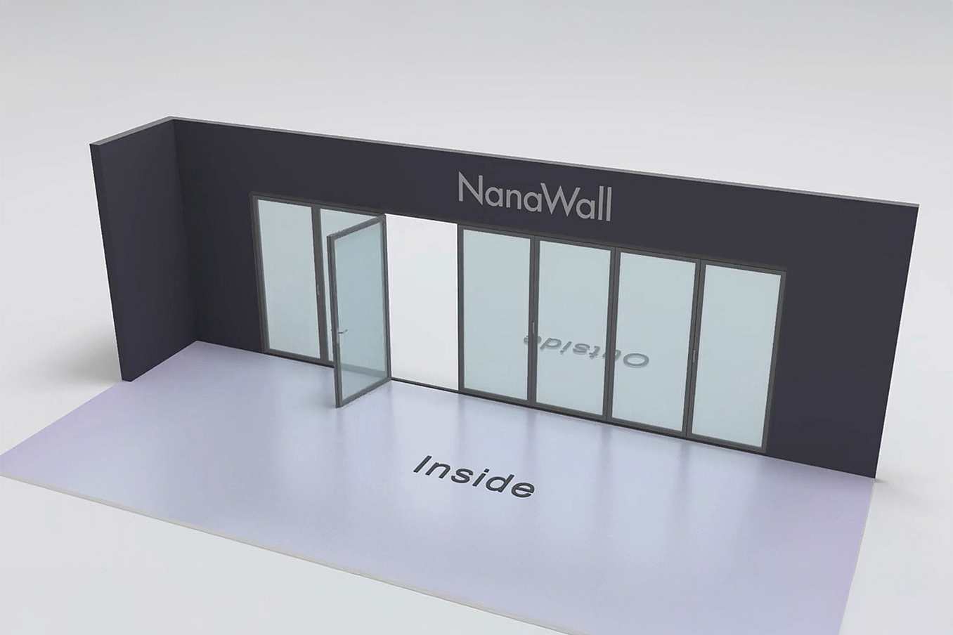 NanaWall inward/outward combination configuration: 7-panel folding glass door; 3 panels fold left (inward) and 4 panels fold right (outward) (i3Lo4R)