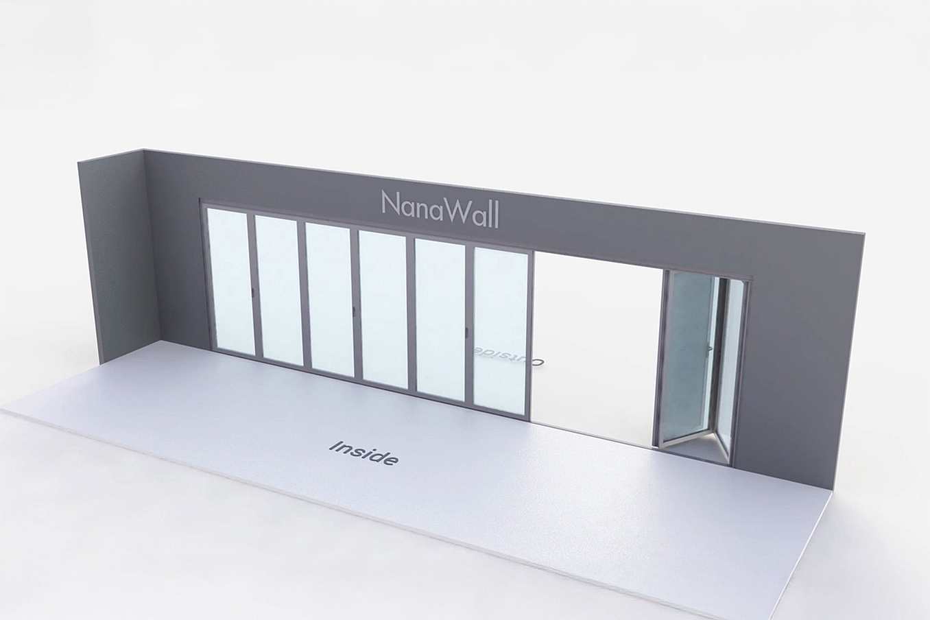 NanaWall standard configuration: 9-panel folding glass door, outward opening; 6 panels fold left and 3 panels fold right (o6L3R)