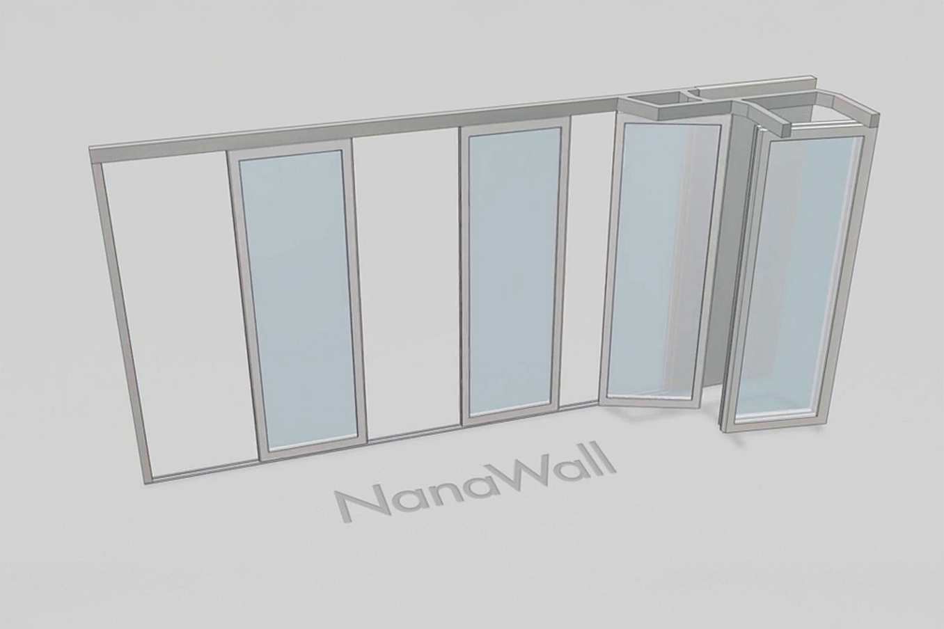 NanaWall parking bay configuration: operable glass wall panels turn and stack at 90° into a side bay, keeping the main opening clear (Concept N)