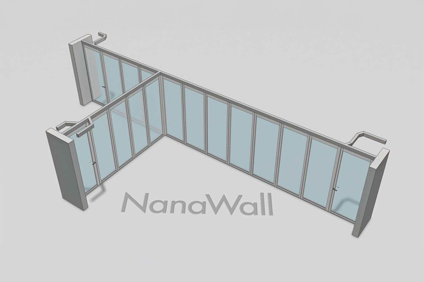 NanaWall T-intersection configuration: operable glass walls connect at a 90° junction, forming a T-shaped layout with flexible openings.