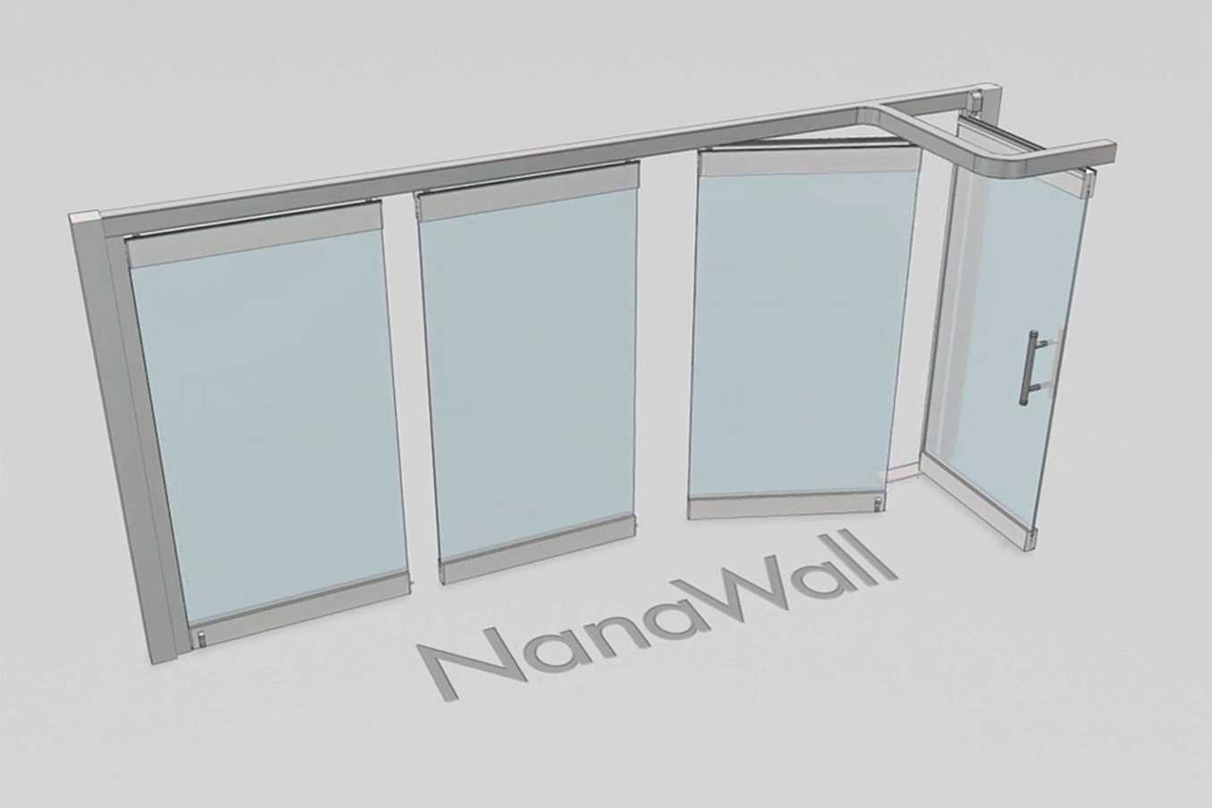 NanaWall parking bay configuration: operable glass wall panels turn at 90° and stack into a side bay, keeping the opening clear