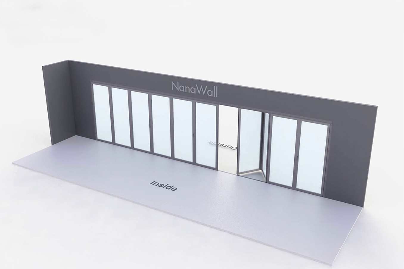 NanaWall standard configuration: 10-panel folding glass door, outward opening; 6 panels fold left and 4 panels fold right (o6L4R)