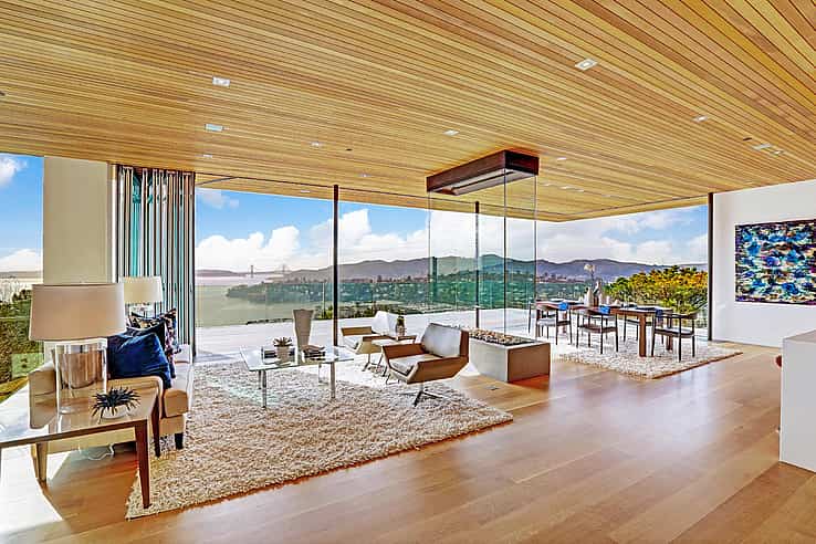 HSW60 modern living room with large folding walls and a view of the Golden Gate Bridge