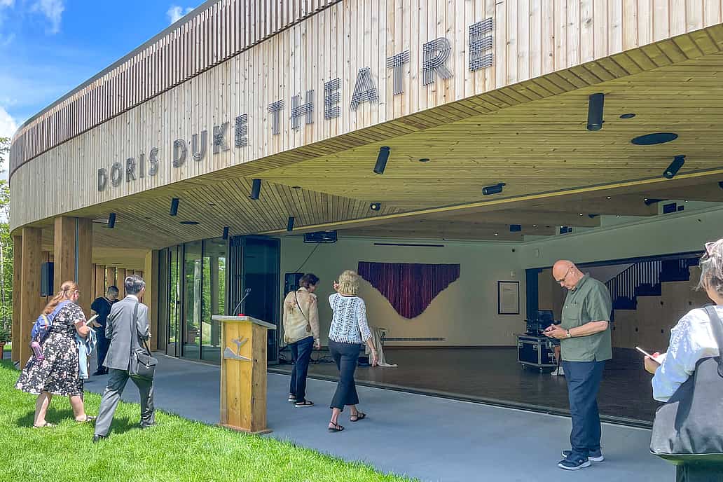 NanaWall thermally broken glass wall system at Jacob’s Pillow in Becket, MA, creating an open entry to the Doris Duke Theatre lobby