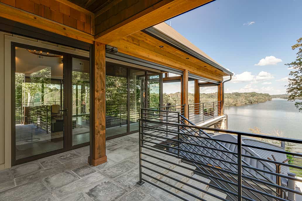 Rustic river lodge in Lebanon TN with NanaWall NW Aluminum 840 folding glass wall open to mountain views