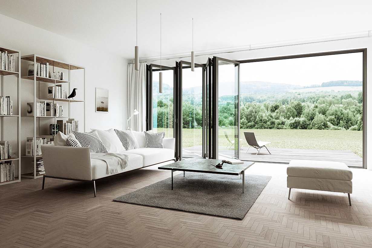 biophilc design prinicples in contemporary home design with folding glass wall