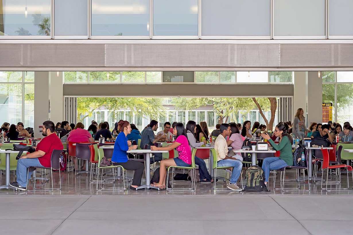arizona western university indoor/outdoor cafateria with two folding glass walls for fresh air 