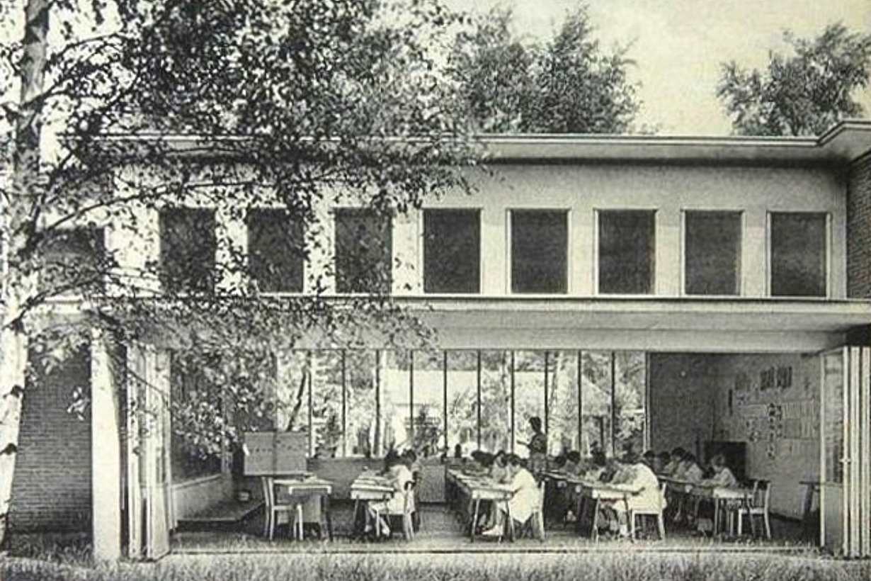 early open air classroom design from north europe during TB outbreak with folding glass wall 