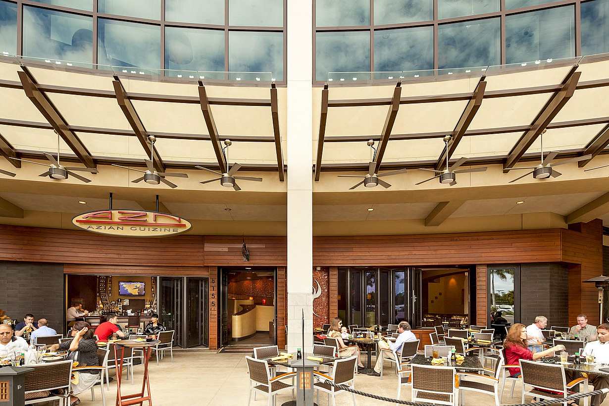 open restaurant design facilitates outdoor dining with moving glass walls