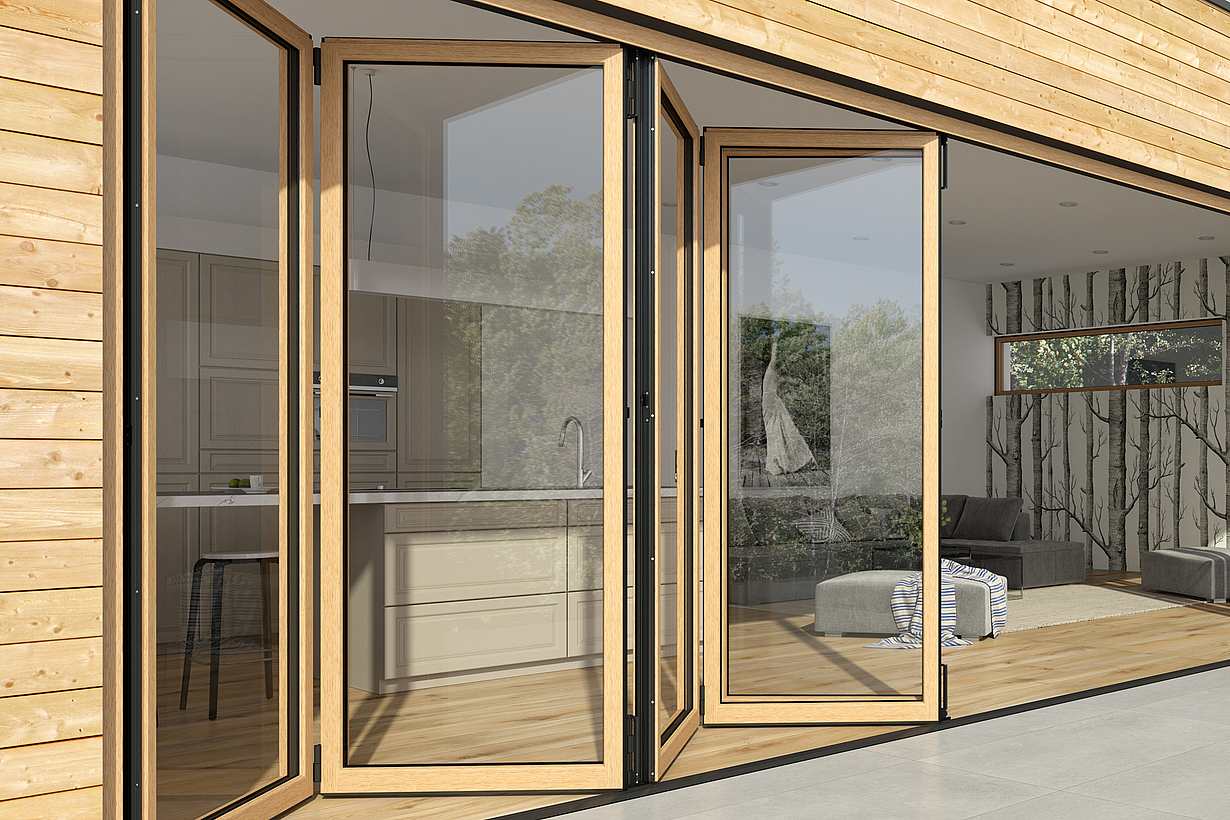 wood framed folding glass doors