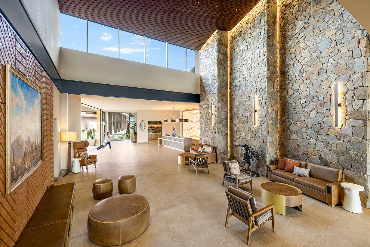 indoor-outdoor lobby with operable glass door 