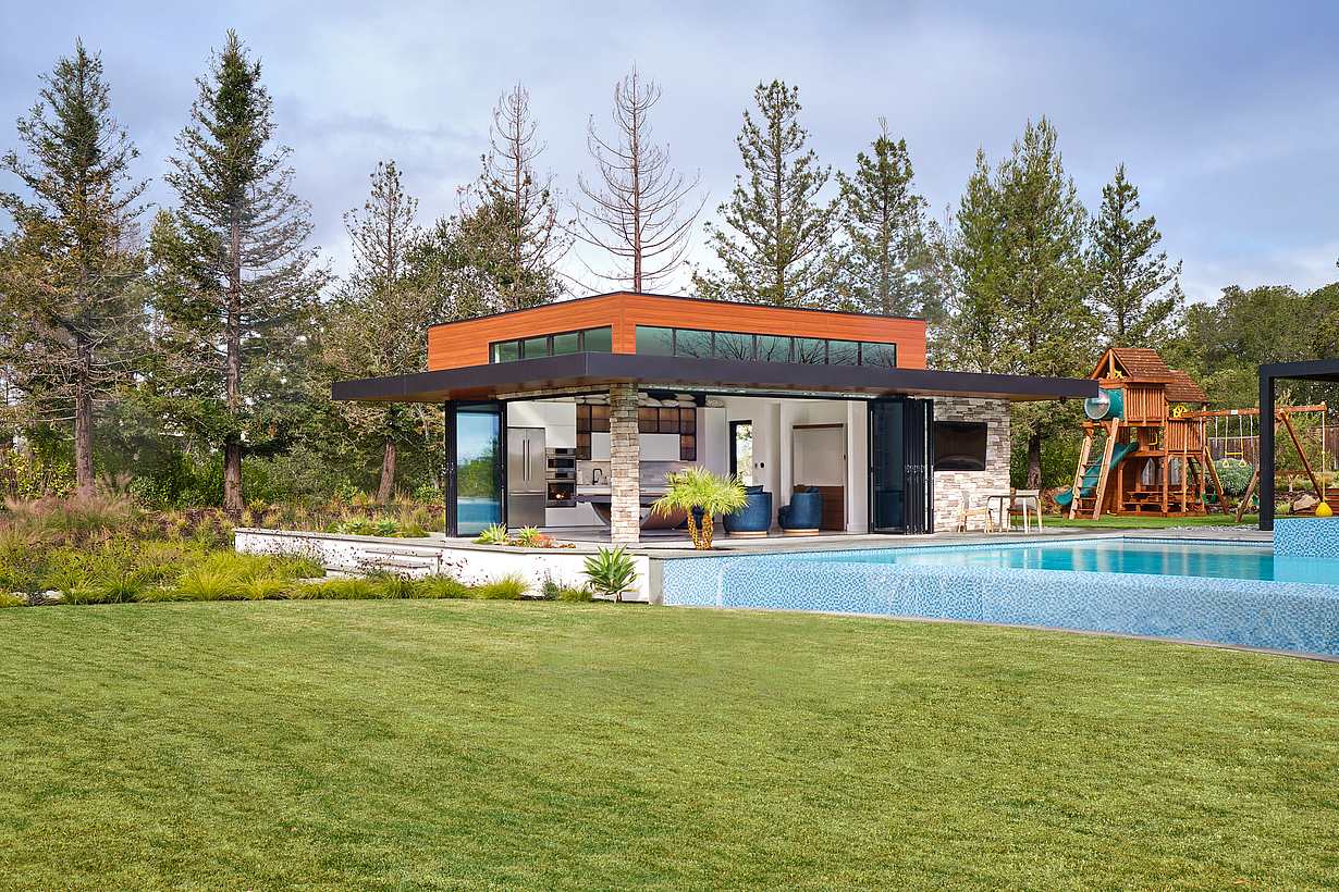 poolhouse with left-right folding glass door panels