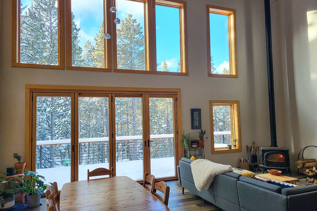 wood framed opening glass doors