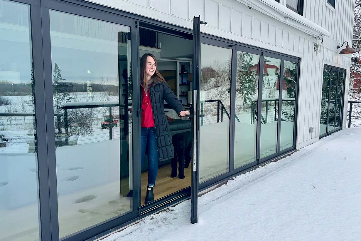 aluminum opening glass doors in snow
