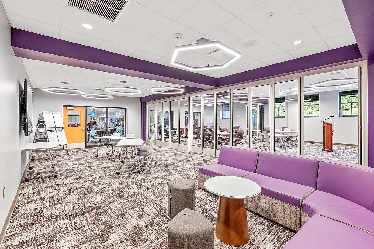 aluminum framed bifold glass walls in active learning classroom