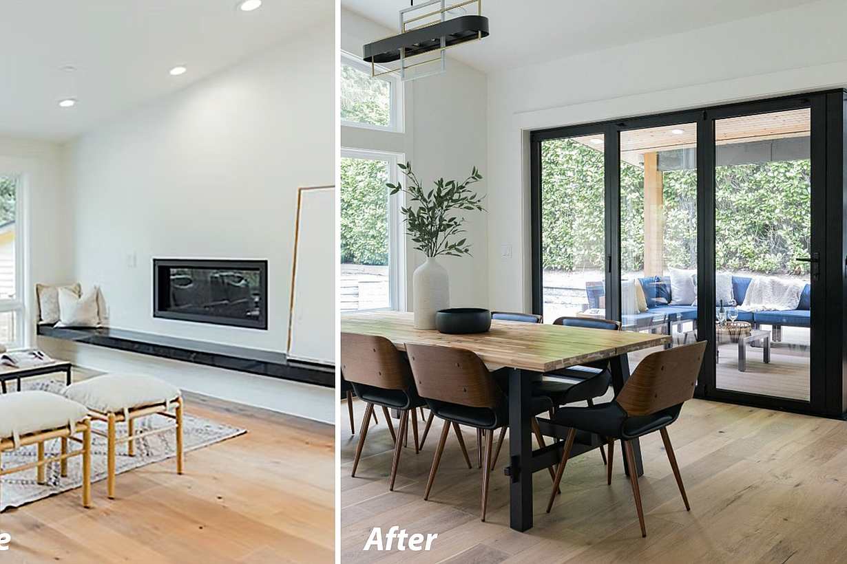 home renovation for open concept living with accordion glass doors with open corner design