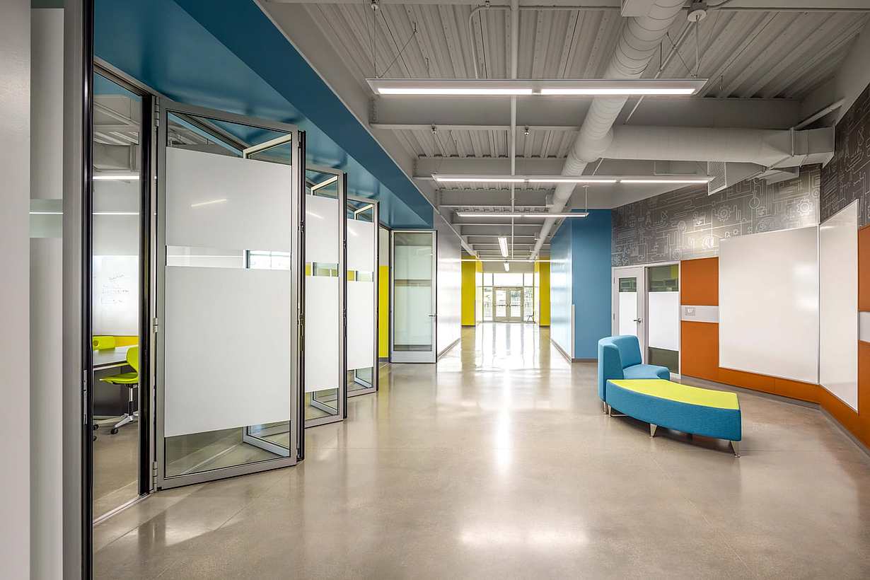 NanaWall NW Acoustical 645 Folding at Del Dios School in California - Interior Hallway ViewDay View