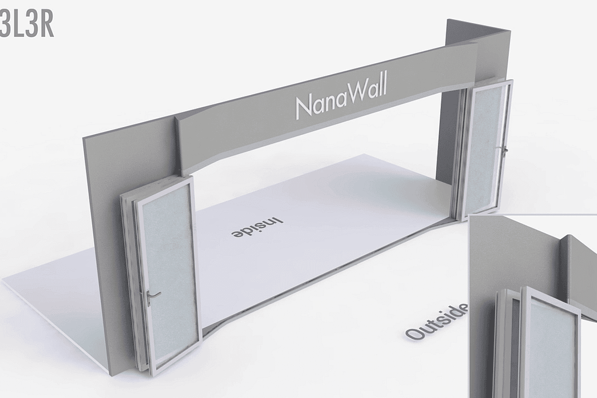 NanaWall FoldFlat configuration: 6-panel folding glass door, outward opening; 3 panels fold left and 3 panels fold right (FF o3L3R)