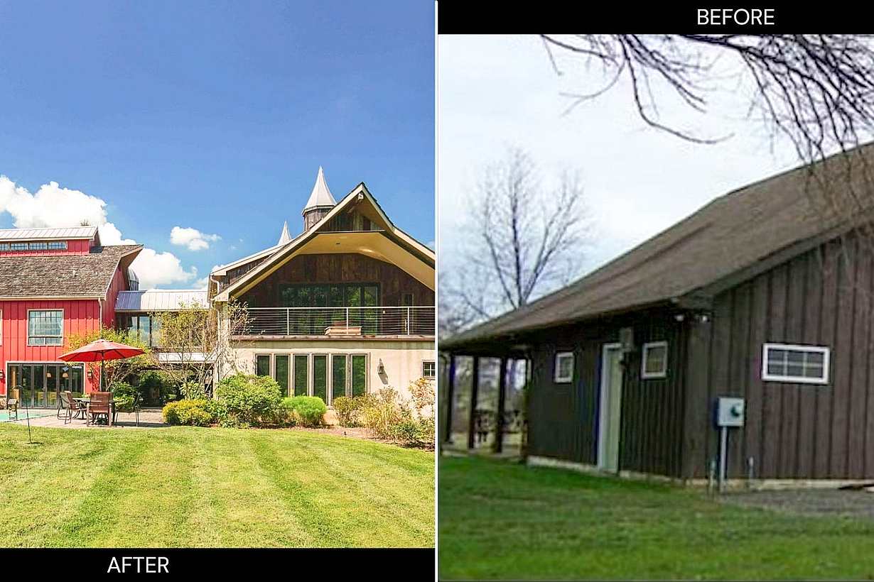 Barn conversion project transforming a traditional red barn into a modern home with patio doors and landscaped grounds