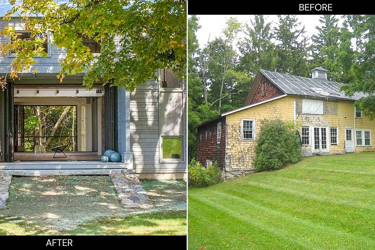 Barn conversion renovation replacing an older structure with a modern home featuring wide patio door openings