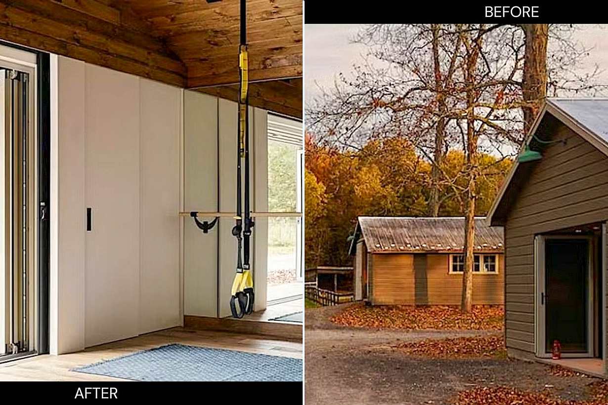 Barn conversion of a small outbuilding into a modern interior space with large patio doors for indoor outdoor connection