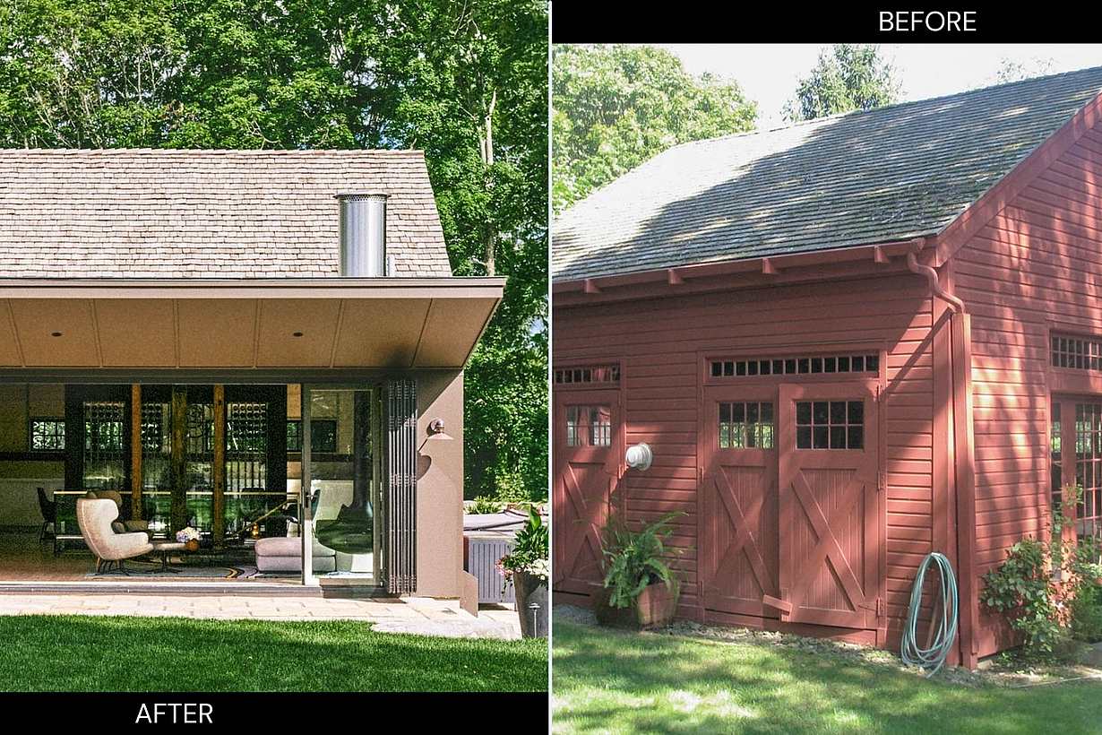 Barn conversion before and after transformation showing new bifolding patio doors connecting the interior to the outdoor patio