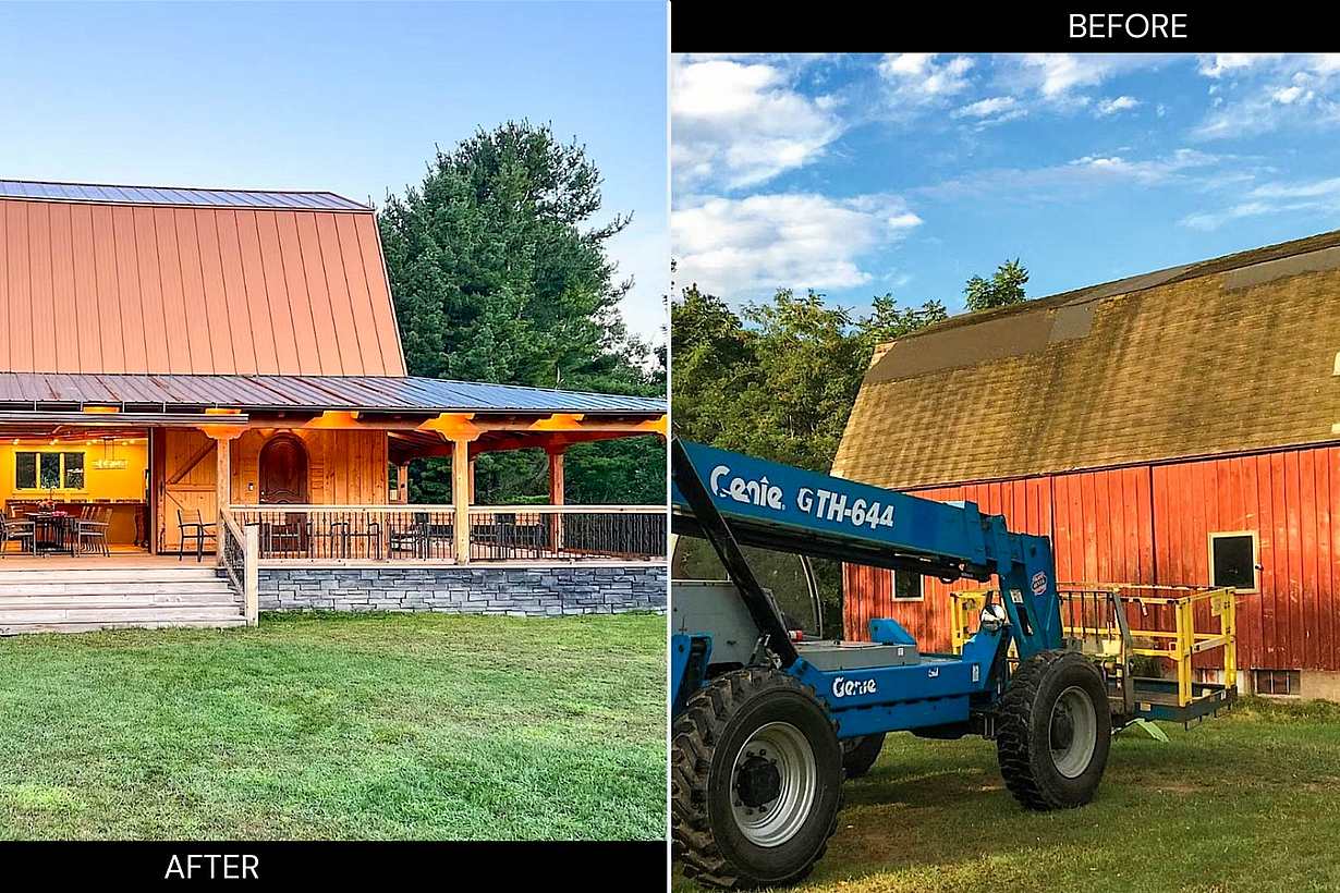 Barn conversion renovation showing the original structure and the finished design with expanded living space and patio access