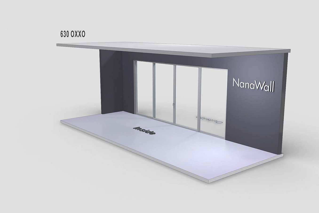 NanaWall MultiSlide 630 non-pocketing configuration: sliding glass wall with center-opening panels and fixed panels on both sides (OXXO)