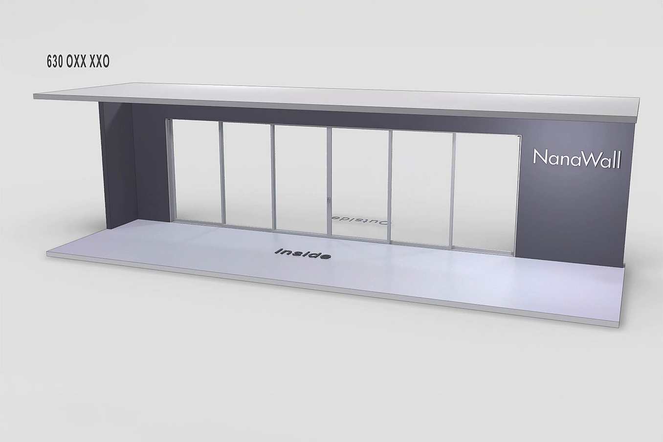 NanaWall MultiSlide 630 non-pocketing configuration: sliding glass wall with center-opening panels and fixed panels on both sides (OXX XXO)