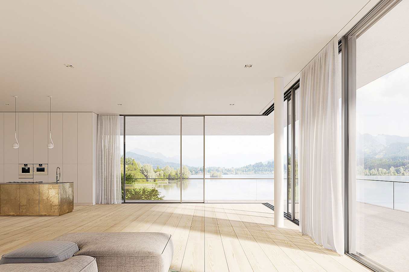 A living room with sliding patio doors offering a view of a lake