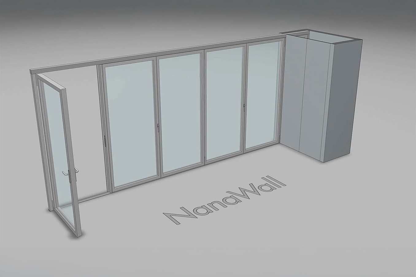 NanaWall pocketing configuration: 6-panel folding glass door, inward opening; 1 panel folds left, 4-panel set folds left/right, and 1 panel folds right (i1L, 4LR, 1R)