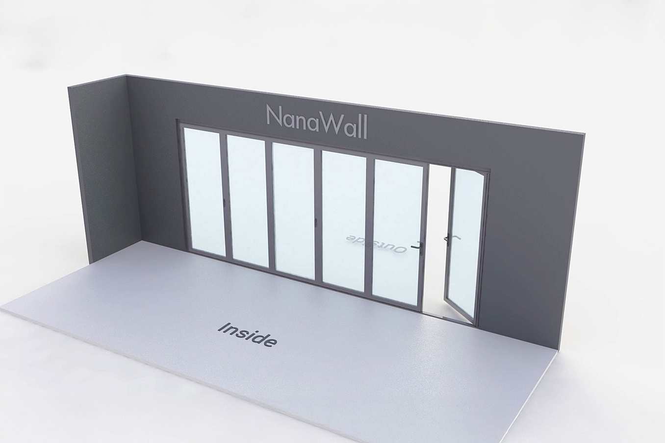 NanaWall six-panel folding glass door, outward opening; 5 panels folding left, 1 panels folding right (o5L1R)
