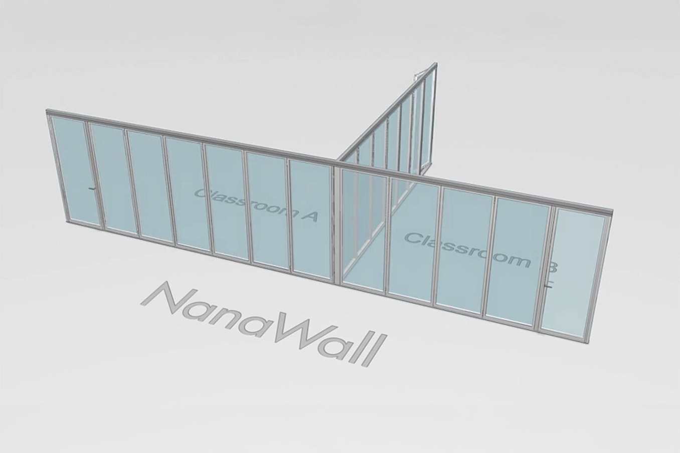 NanaWall T-intersection configuration: operable glass walls meet at a 90° junction to connect Classroom A and Classroom B