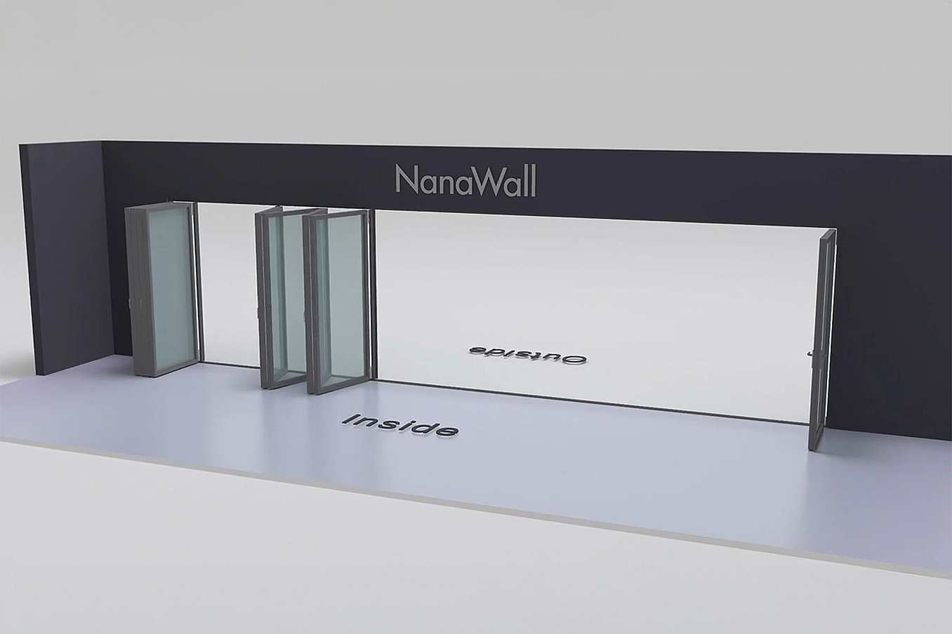 NanaWall nine-panel folding glass door, inward opening; 4 panels folding left, 4 panels folding left and right, 1 panel folding right (i 4L 4LR 1R)