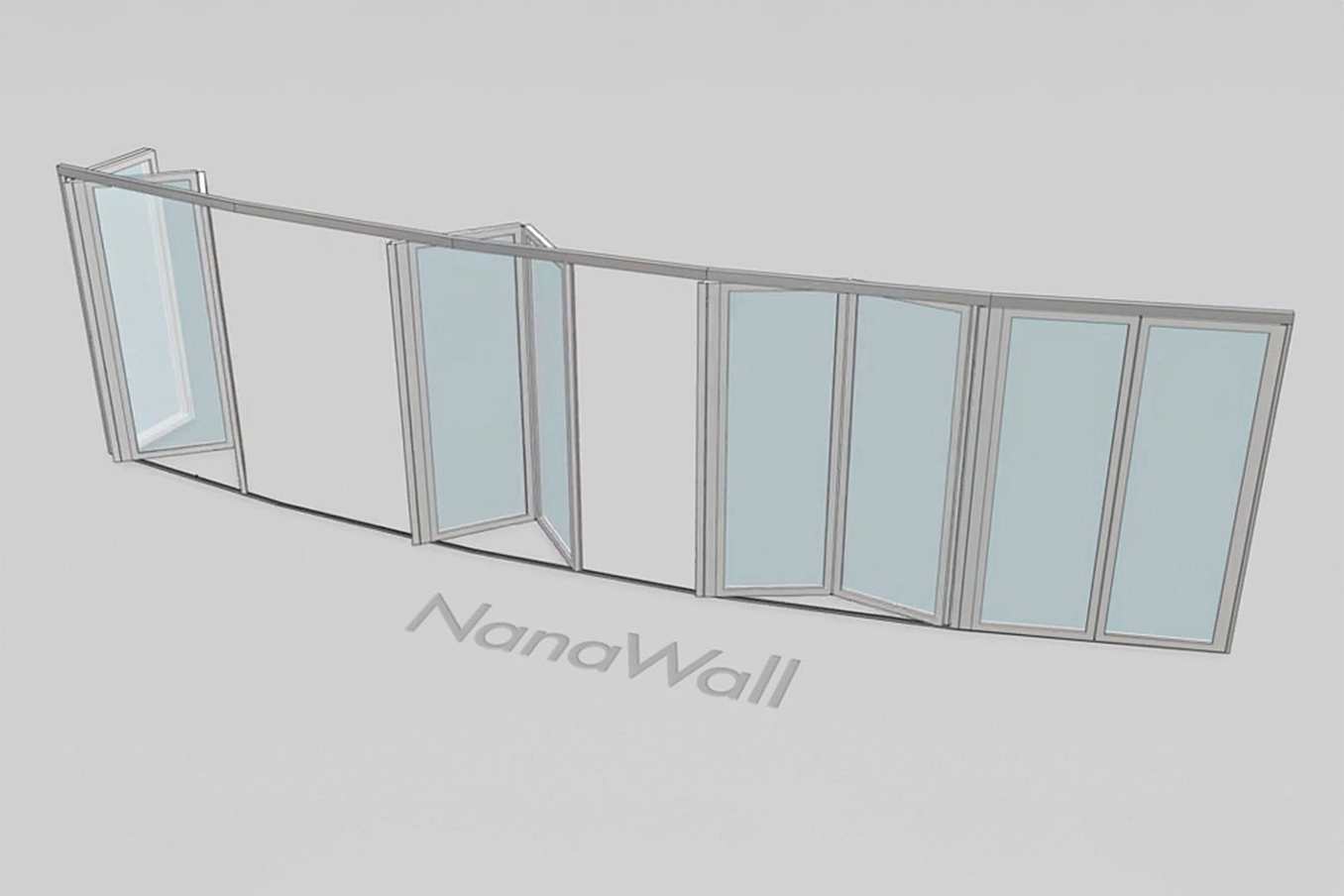 NanaWall segmented configuration: operable glass wall with angled panel segments, shown partially open along a curved layout