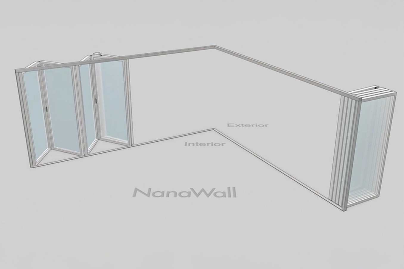NanaWall open-corner configuration: 10-panel folding glass door, outward opening; 5 panels fold left and 5 panels fold right (o5L5R)