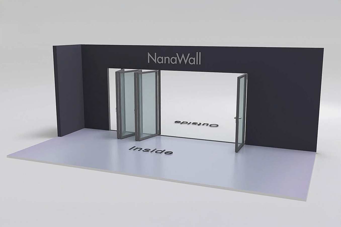 NanaWall Fourfold configuration: 5-panel folding glass door, inward opening; 4-panel set folds left/right and 1 panel folds right (i4LR, 1R)