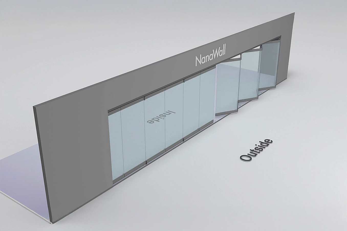 NanaWall standard configuration: 12-panel folding glass door, outward opening; 6 panels fold left and 6 panels fold right (o6L6R)