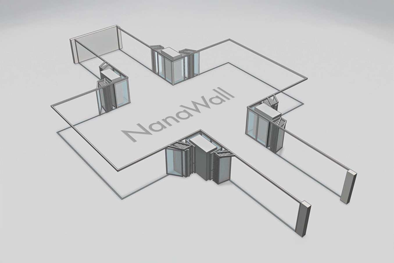 NanaWall open-corner configuration with parking bays: panels meet at 90° corners and stack into side bays