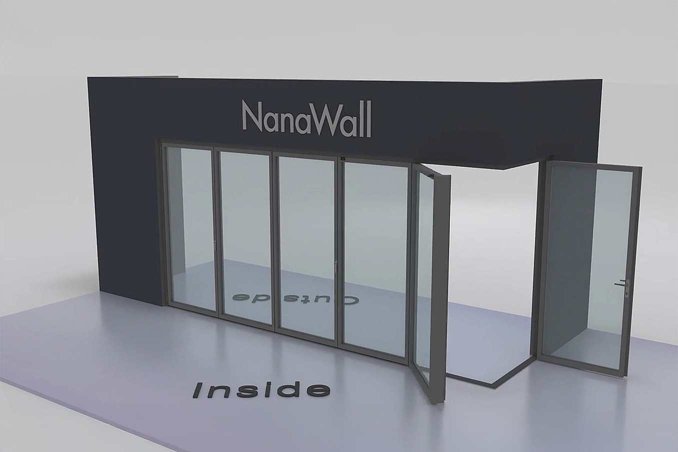 NanaWall open-corner configuration 5L 1R: panels meet at a 90° corner with five panels folding left and one panel folding right