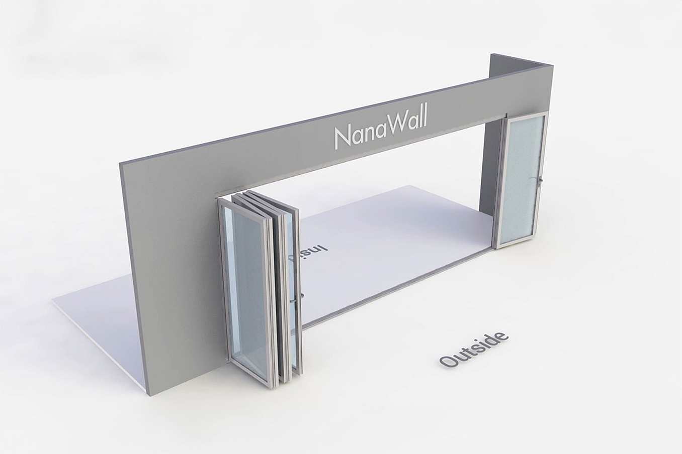 NanaWall standard configuration: 6-panel folding glass door, outward opening; 1 panel folds left and 5 panels fold right (o1L5R)