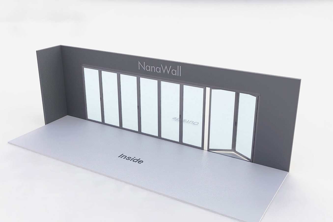 NanaWall standard configuration: 8-panel folding glass door, outward opening; 6 panels fold left and 2 panels fold right (o6L2R)