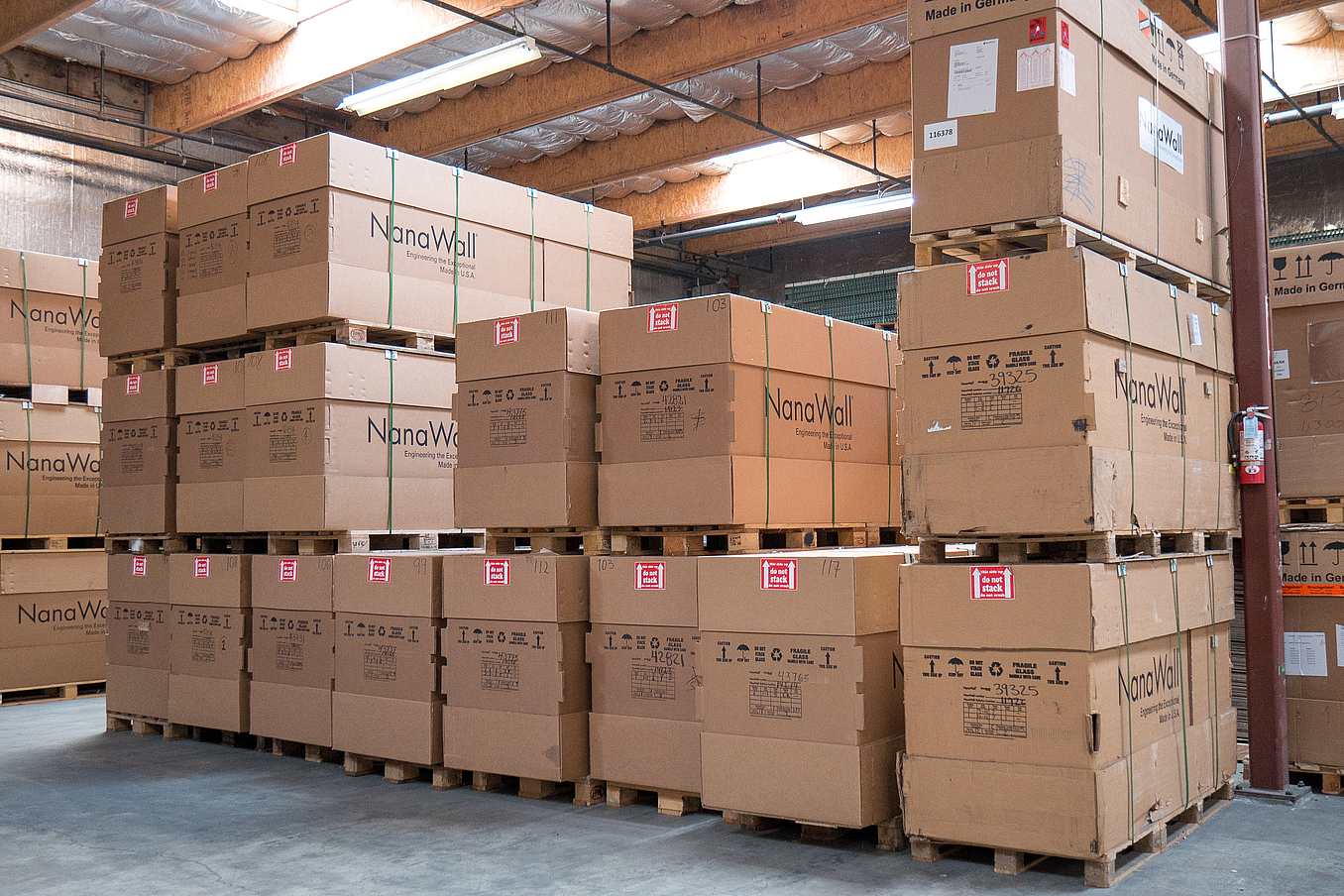 Packaged NanaWall glass wall systems prepared for shipment from the California factory