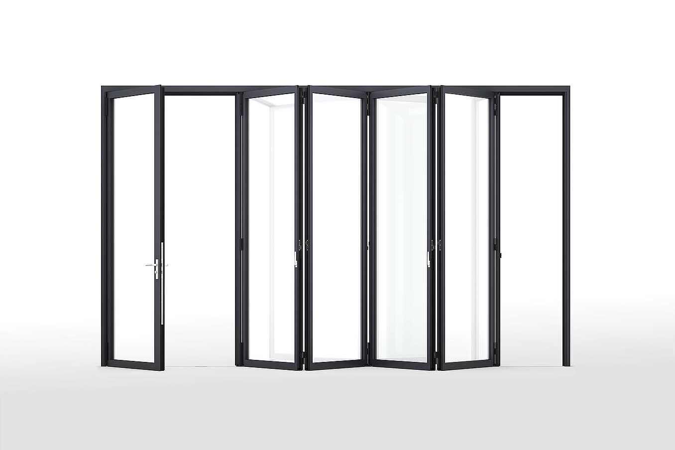 NanaWall NW Acoustical 645 folding glass wall system with an integrated swing door and acoustically rated aluminum panels