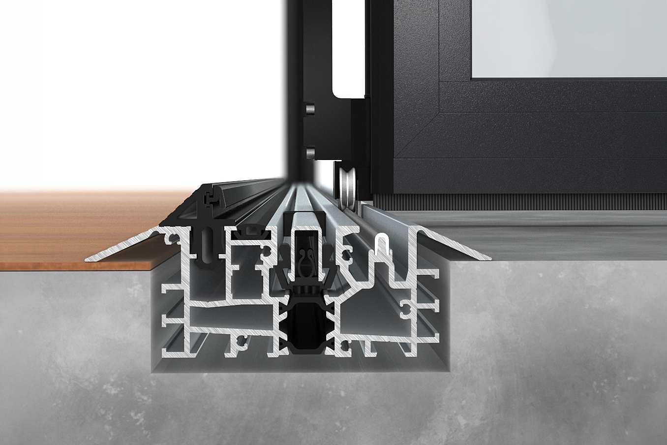 NanaWall NW Aluminum 640 low profile saddle sill detail showing an ADA-friendly threshold and aluminum track system