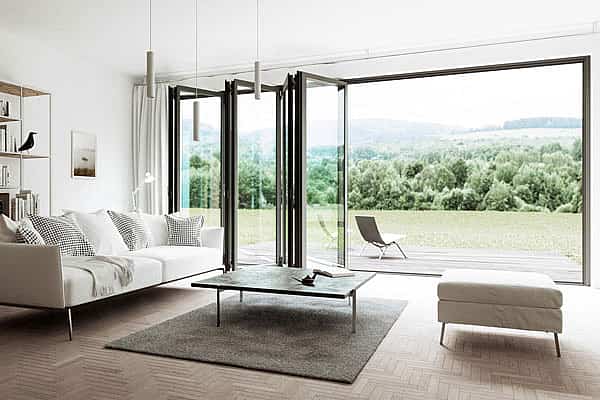 Inspiration gallery - modern living room with a large opening glass wall