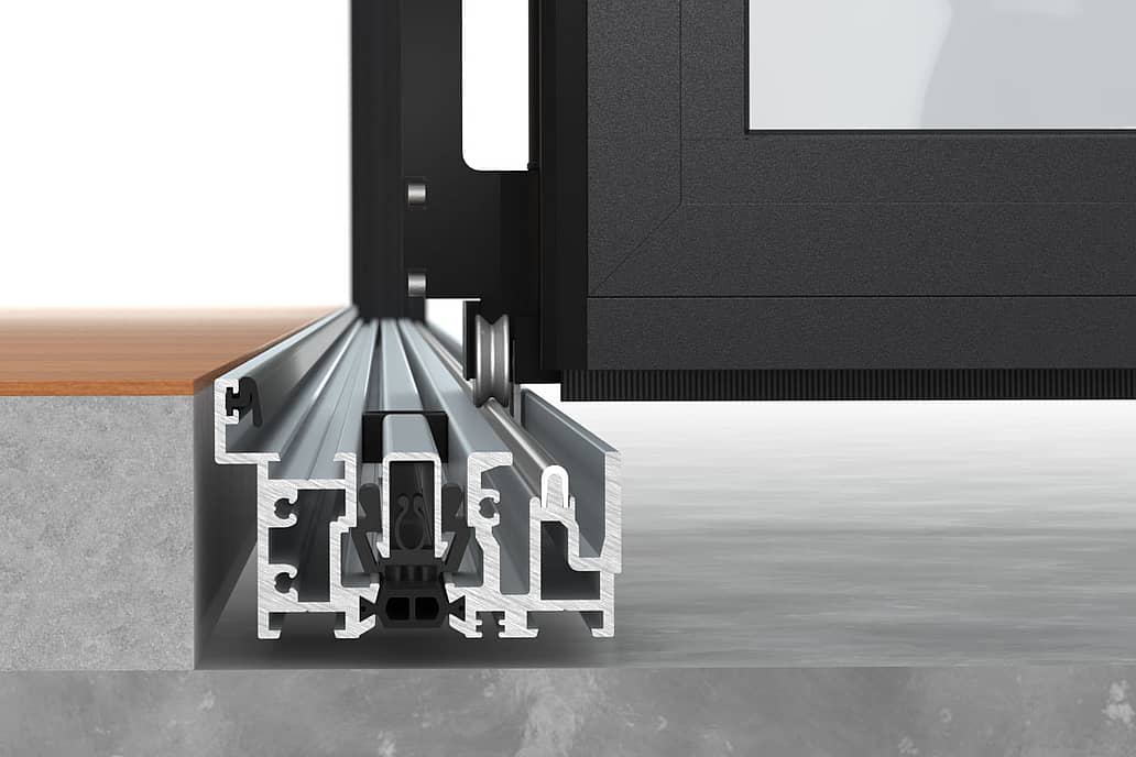 Thermally broken NanaWall performance sill detail showing high water resistance, compression gaskets, and engineered floor-supported operation