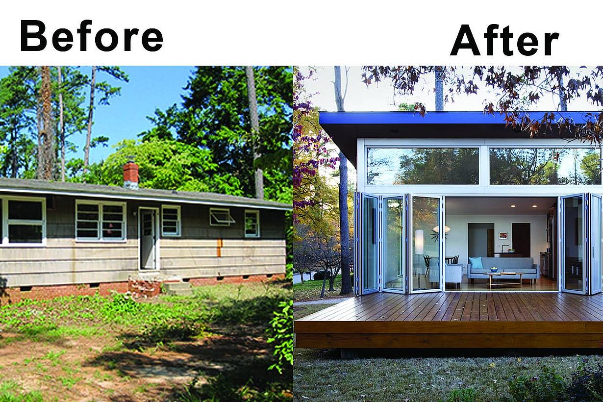 remodel before and after with floor supported folding glass wall