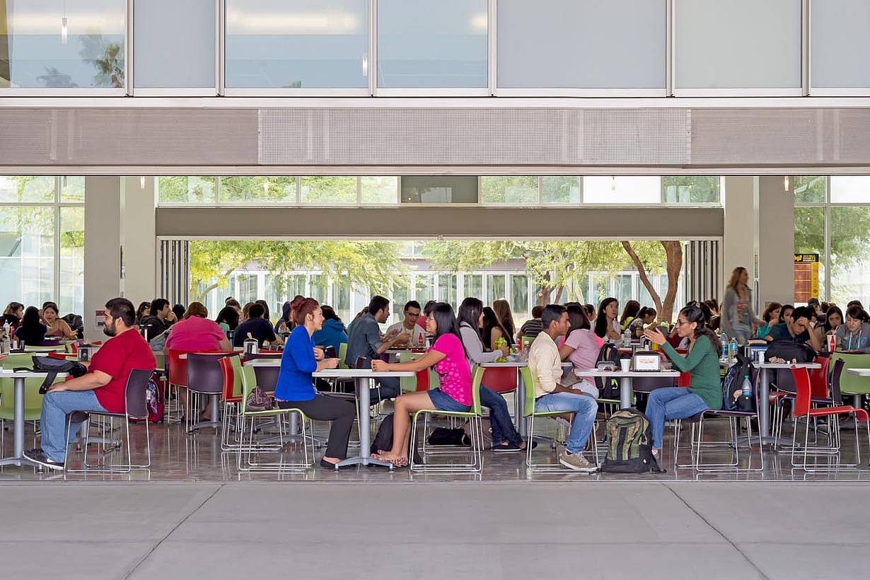 arizona western university indoor/outdoor cafateria with two folding glass walls for fresh air 
