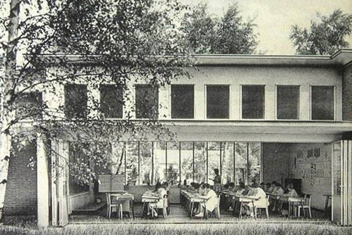 early open air classroom design from north europe during TB outbreak with folding glass wall 